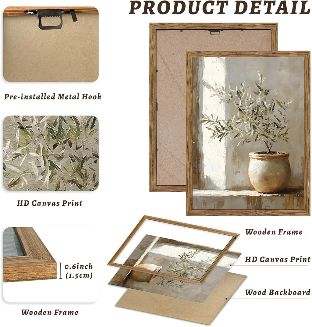 Framed Olive Tree Canvas Wall Art, Neutral Botanical Pictures Wall Decor, Rustic Potted Plant Paintings Prints, Organic Modern Farmhouse Artwork for Living Room Bedroom 8x10 Inch