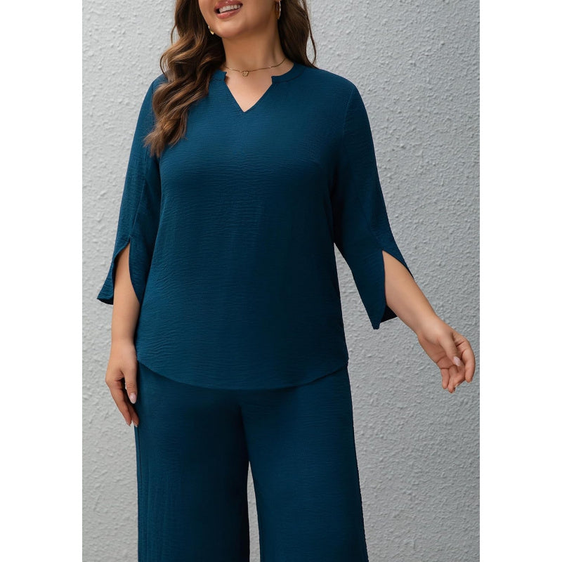 Pants Suits for Women Dressy Plus Size 2 Piece Sets 3/4 Sleeve Blouse Wide Leg Pant for Business Casual & Daily Wear