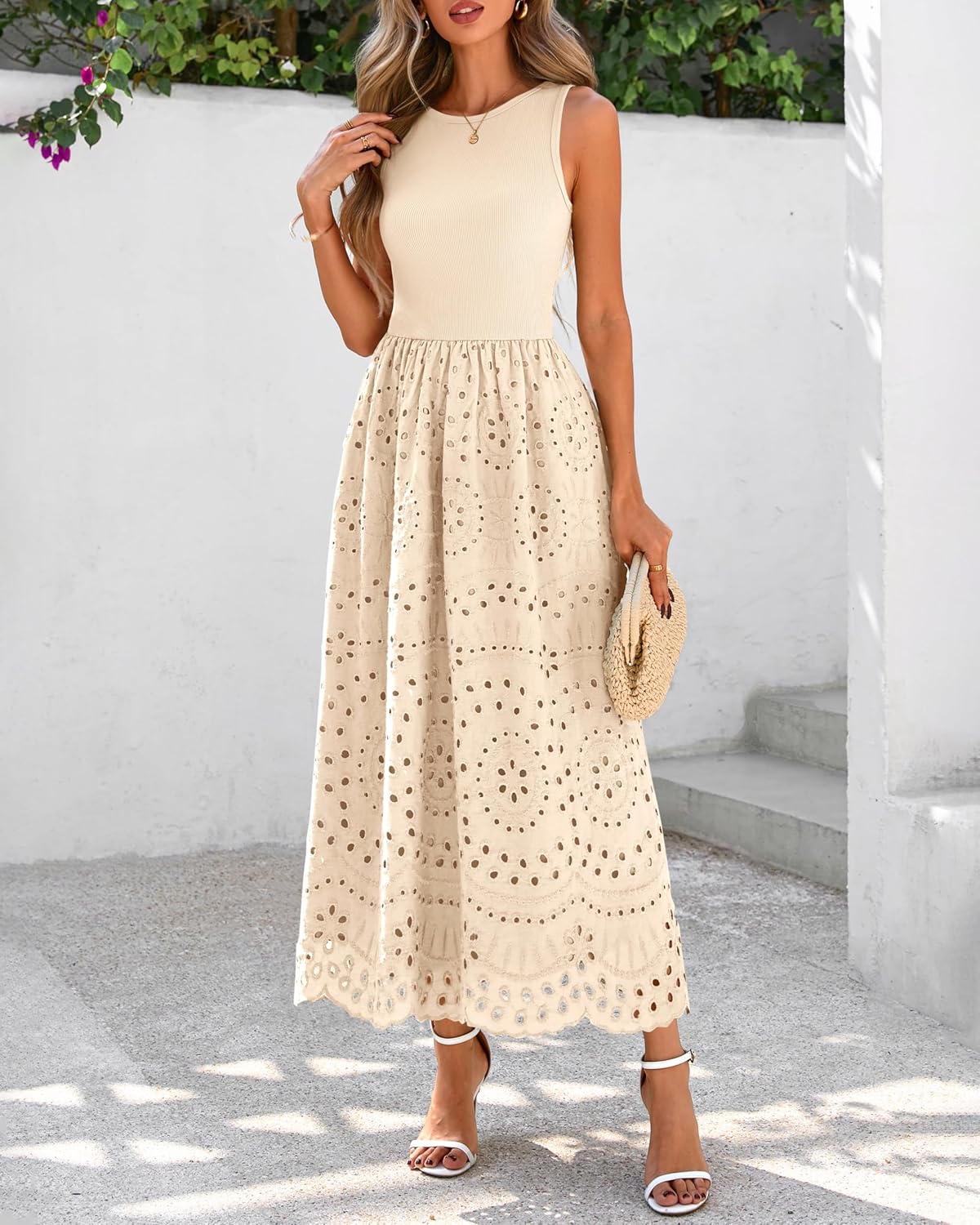 dowerme Women Summer Dresses 2026 Casual Sleeveless Crewneck A-Line Boho Lace Eyelet Cotton Tank Maxi Dress with Pockets