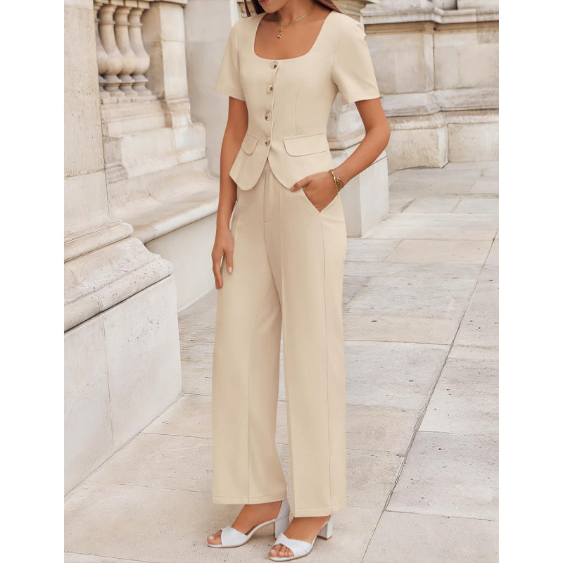 ZESICA Women's Summer Two Pieces Suits Set 2026 Short Sleeve Blazer Wide Leg Pants Business Casual Outfits Sets