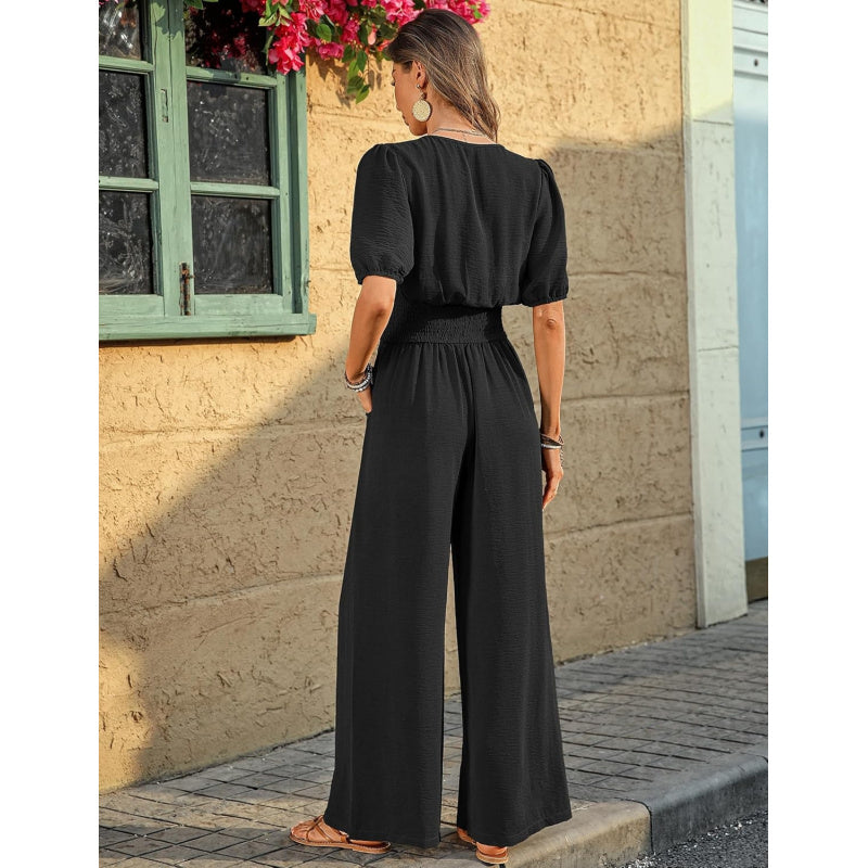 LOOKBOHO Womens Jumpsuits Short Sleeve V Neck Dressy Casual Wide Leg Pants Romper 2026 Summer One Piece Outfits