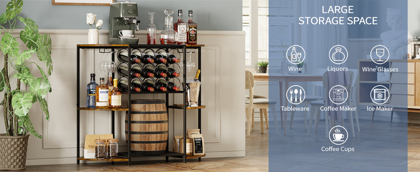 JKsmart Wine Bar Cabinet with LED Lights, Mini Wine Rack with Storage and Glass Holder, Home Bar Cart for Liquor, 3-Tier Bar Table for Kitchen, Dining Room, Living Room, Rustic Brown