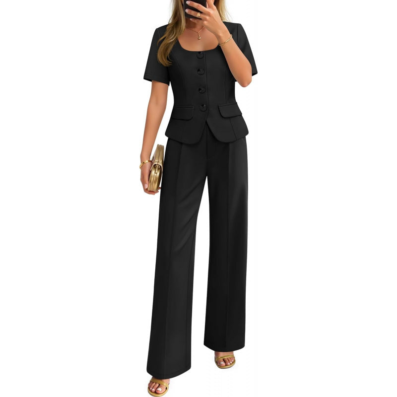 ZESICA Women's Summer Two Pieces Suits Set 2026 Short Sleeve Blazer Wide Leg Pants Business Casual Outfits Sets