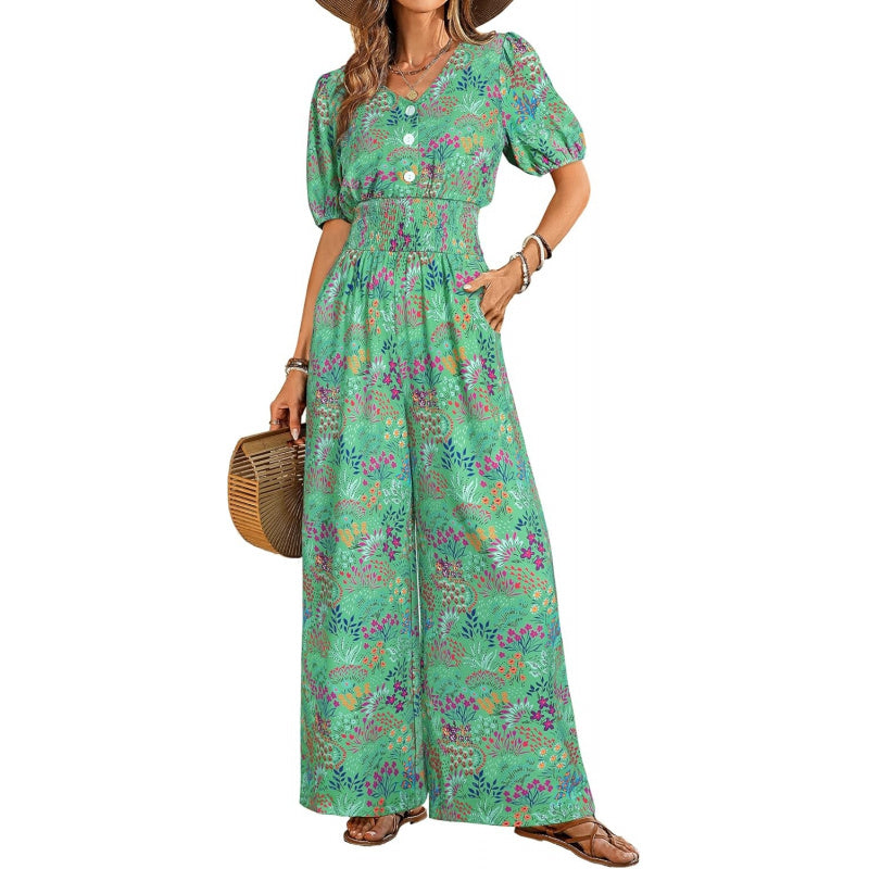 LOOKBOHO Womens Jumpsuits Short Sleeve V Neck Dressy Casual Wide Leg Pants Romper 2026 Summer One Piece Outfits