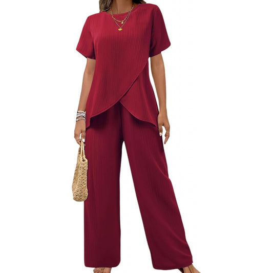 Pants Suits for Women Dressy Casual Summer Outfits 2026 Short Sleeve Ruffle Layered Tops Wide Leg Pants Matching Set