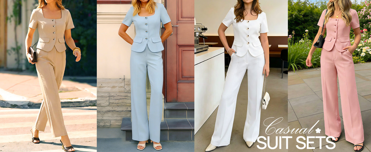 ZESICA Women's Summer Two Pieces Suits Set 2026 Short Sleeve Blazer Wide Leg Pants Business Casual Outfits Sets