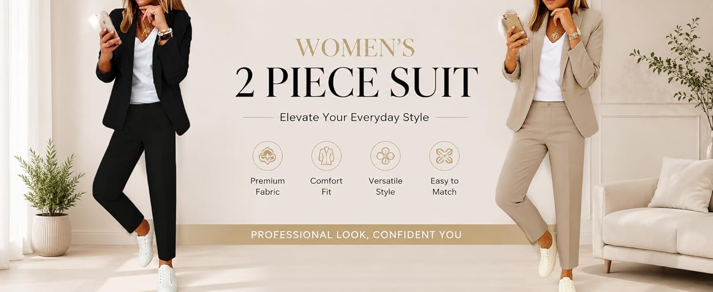 Kubsid Pant Suits for Women Dressy 2026 Business Blazer and Elastic High Waist Straight Leg Pants Work 2 Piece Outfits