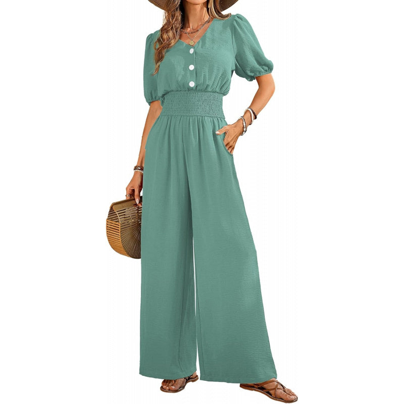 LOOKBOHO Womens Jumpsuits Short Sleeve V Neck Dressy Casual Wide Leg Pants Romper 2026 Summer One Piece Outfits