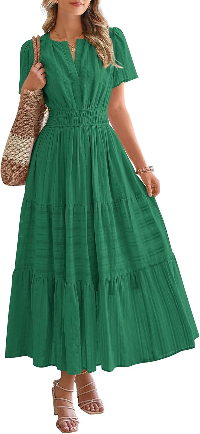 BTFBM Womens Summer 2026 Casual Midi Maxi Dresses Lightweight Short Sleeve V Neck Elastic Waist Boho Beach Dress Pockets