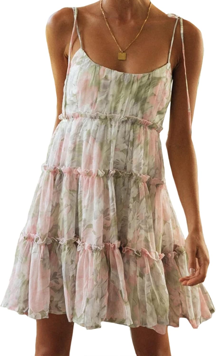 Mansy Womens 2026 Summer Floral Mini Dress Boho Flowy Skater Dresses Short Sleeveless Ruffle Spaghetti Strap Dress