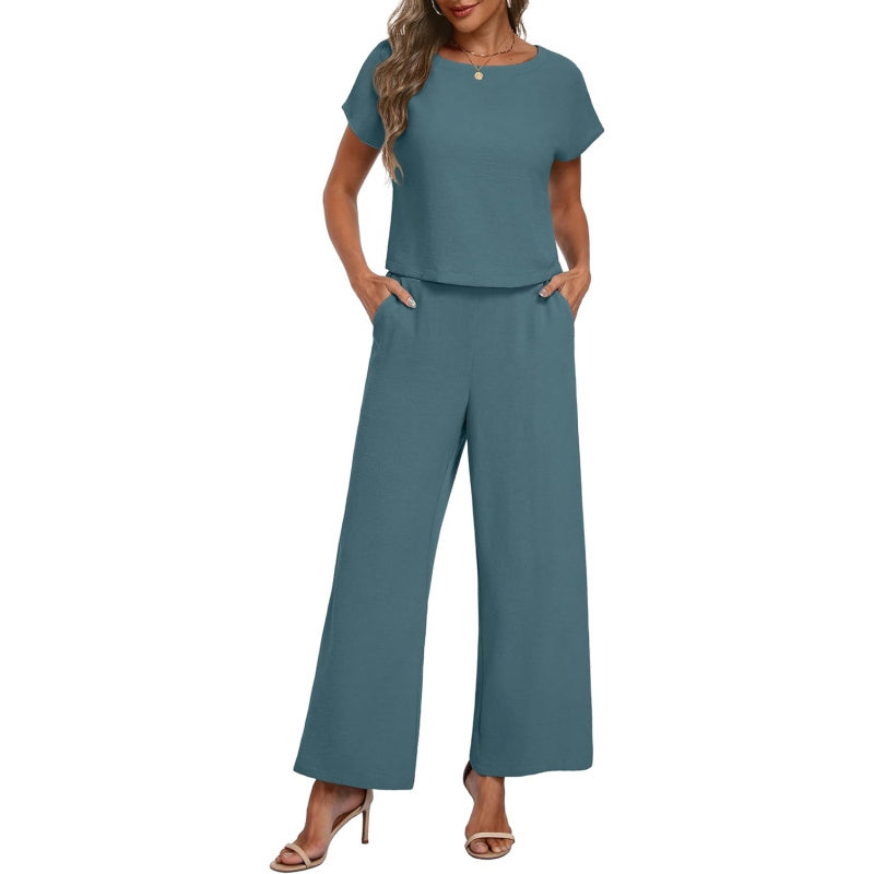 Lepunuo 2 Piece Sets for Women Summer Cap Sleeve Crop Top Wide Leg Pants Matching Lounge Set Vacation Beach Travel Outfits