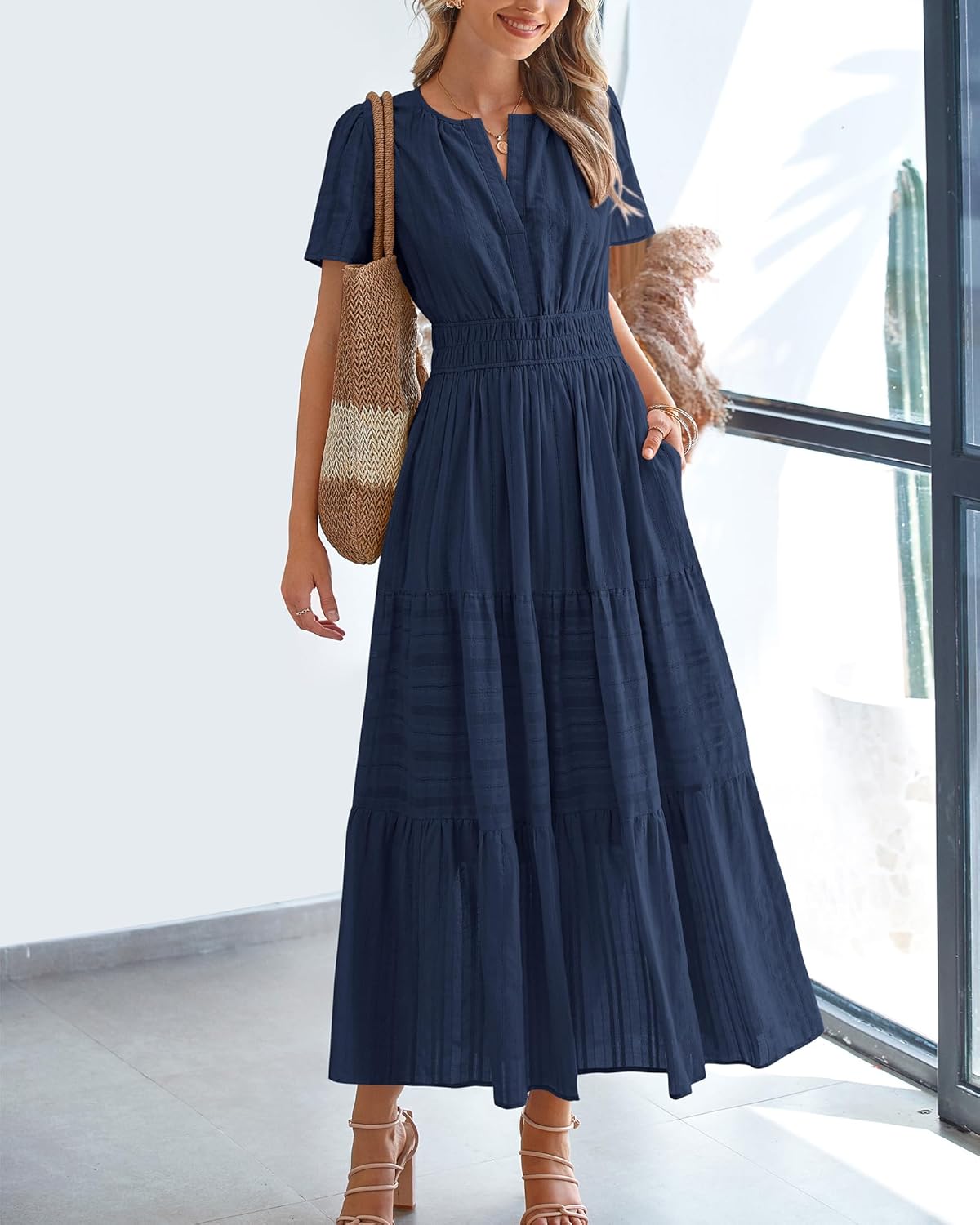BTFBM Womens Summer 2026 Casual Midi Maxi Dresses Lightweight Short Sleeve V Neck Elastic Waist Boho Beach Dress Pockets