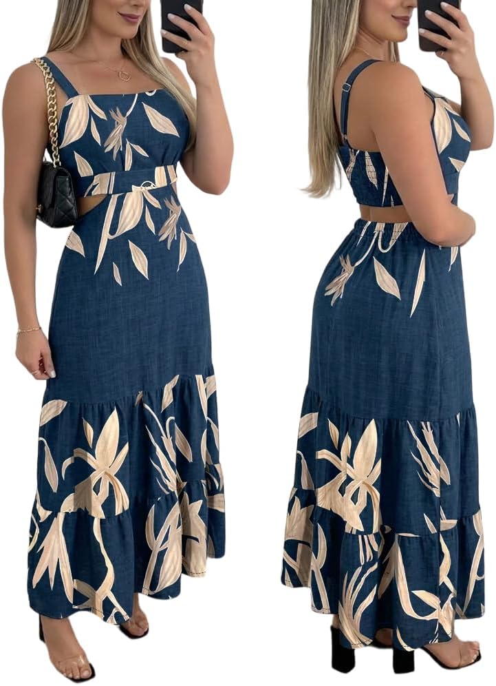 CHICME Summer Dresses for Women 2026 Sleeveless Casual Boho Maxi Dress Square Neck Cut Out Floral A Line Dress