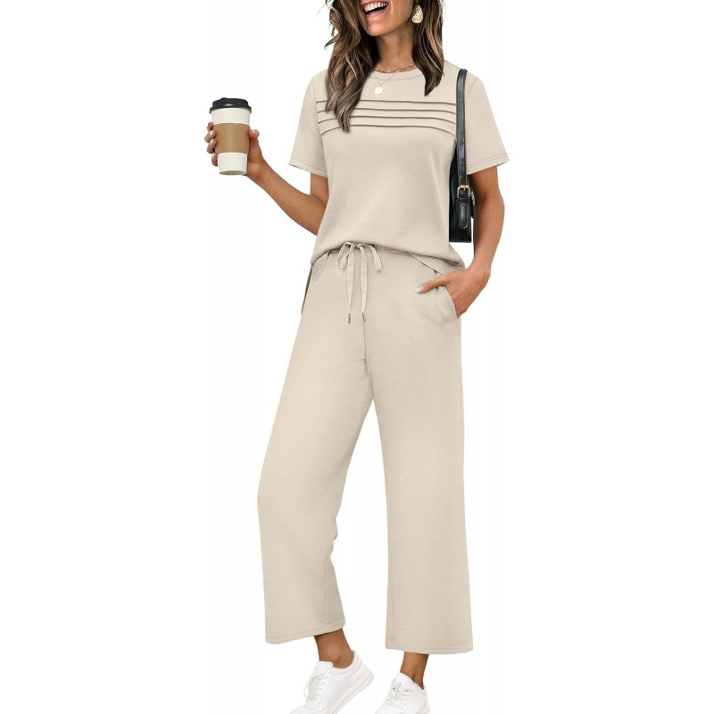 WIHOLL Two Piece Sets for Women Summer Spring Travel Vacation Outfits Short Sleeve Lounge Sets Side Slit Wide Leg Pants S-3XL