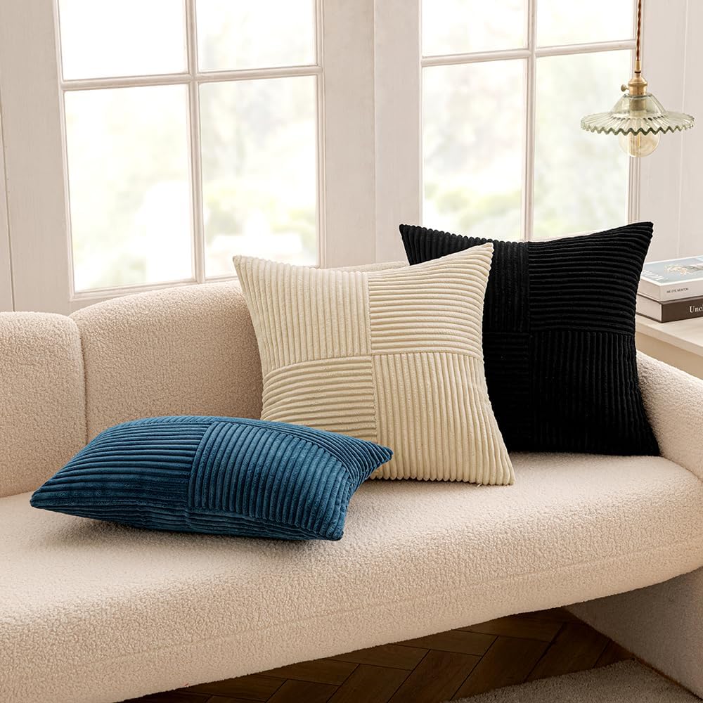 MIULEE Black Decorative Throw Pillow Covers 18x18 Inch for Couch Bed Sofa Pack of 2 Boho Farmhouse Throw Pillows Soft Cross Corduroy Patchwork Textured Cushion Cases