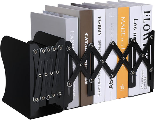 2 Pack Adjustable Bookends for Heavy Books - Expandable Book Ends to Hold Books Heavy Duty, Metal Book Organizer with Anti-Slip Design for Shelves, Desk & Office (Black)
