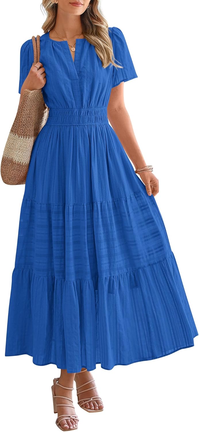 BTFBM Womens Summer 2026 Casual Midi Maxi Dresses Lightweight Short Sleeve V Neck Elastic Waist Boho Beach Dress Pockets