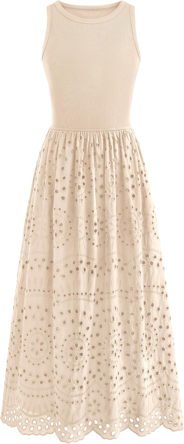 dowerme Women Summer Dresses 2026 Casual Sleeveless Crewneck A-Line Boho Lace Eyelet Cotton Tank Maxi Dress with Pockets