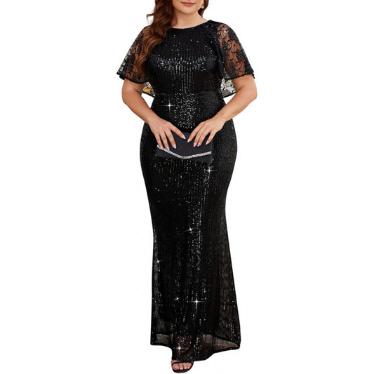 Cololura Women Sequin Plus Size Mesh Perspective Short Sleeve Party Cocktail Bodycon Evening Maxi Dress