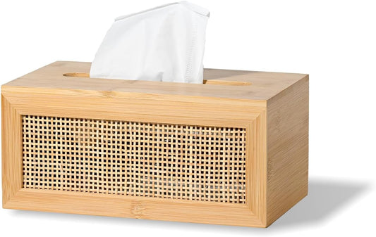 Large Rectangular Bamboo Tissue Box Cover, Natural Rattan Tissue Holder with Magnets for Bathroom, Living Room, Bedroom or Office, Supportive Spring Lifter Included