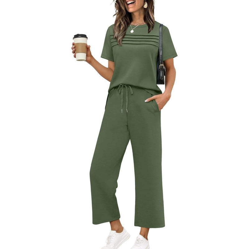 WIHOLL Two Piece Sets for Women Summer Spring Travel Vacation Outfits Short Sleeve Lounge Sets Side Slit Wide Leg Pants S-3XL