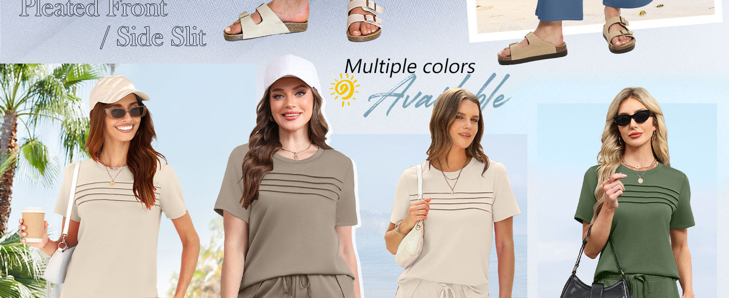 WIHOLL Two Piece Sets for Women Summer Spring Travel Vacation Outfits Short Sleeve Lounge Sets Side Slit Wide Leg Pants S-3XL