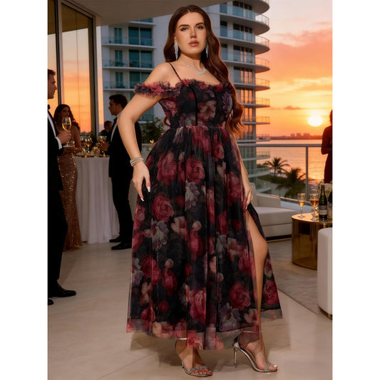 Women's Plus Size Formal Party Cocktail Dress, Wedding Guest Evening Gown with Slit - Off Shoulder Floral Tulle Maxi Dress