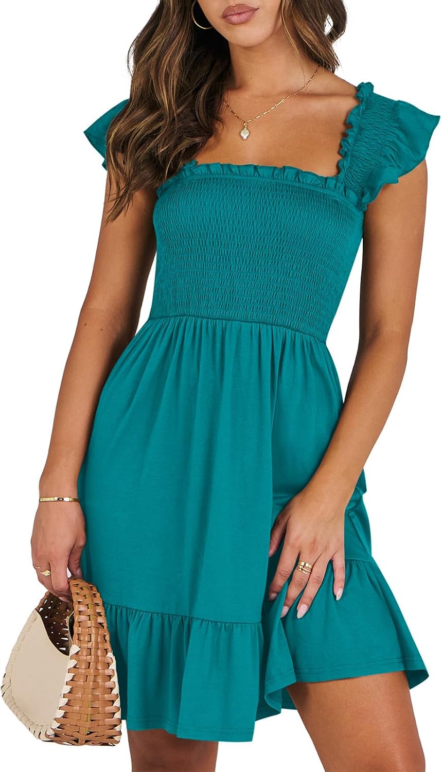 ANRABESS Women's Summer Casual Sleeveless Square Neck Dress 2026 Smocked Ruffle Backless Boho Beach Cute Teen Short Sundress