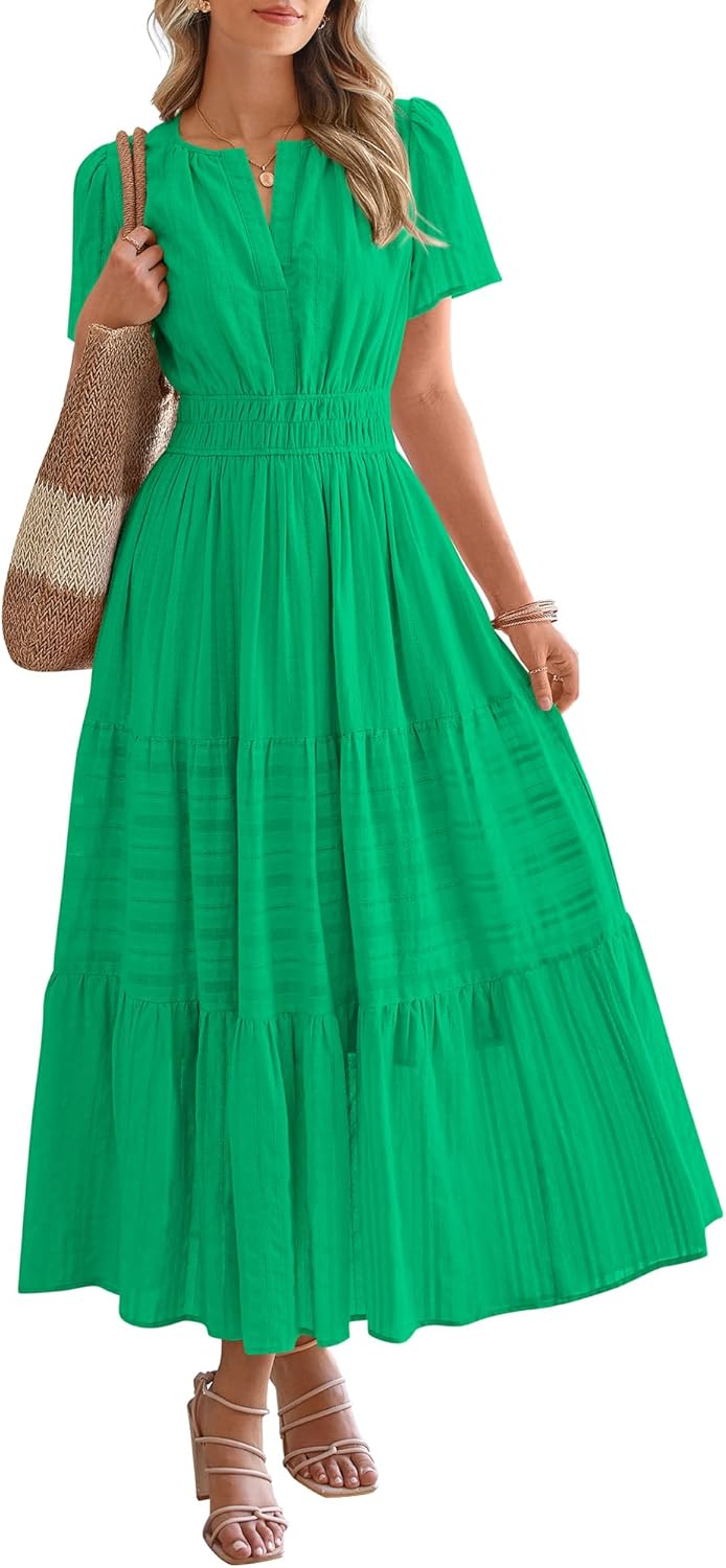 BTFBM Womens Summer 2026 Casual Midi Maxi Dresses Lightweight Short Sleeve V Neck Elastic Waist Boho Beach Dress Pockets