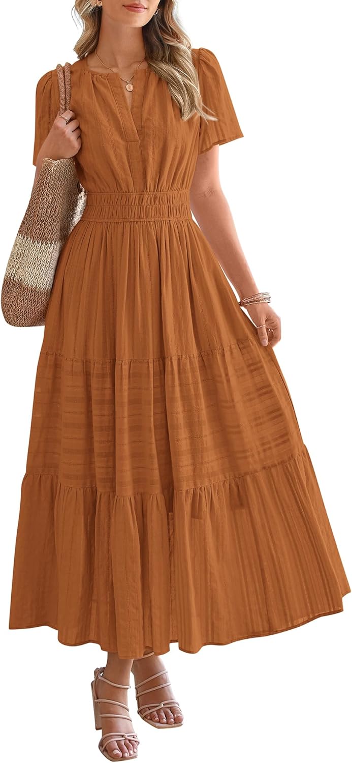 BTFBM Womens Summer 2026 Casual Midi Maxi Dresses Lightweight Short Sleeve V Neck Elastic Waist Boho Beach Dress Pockets