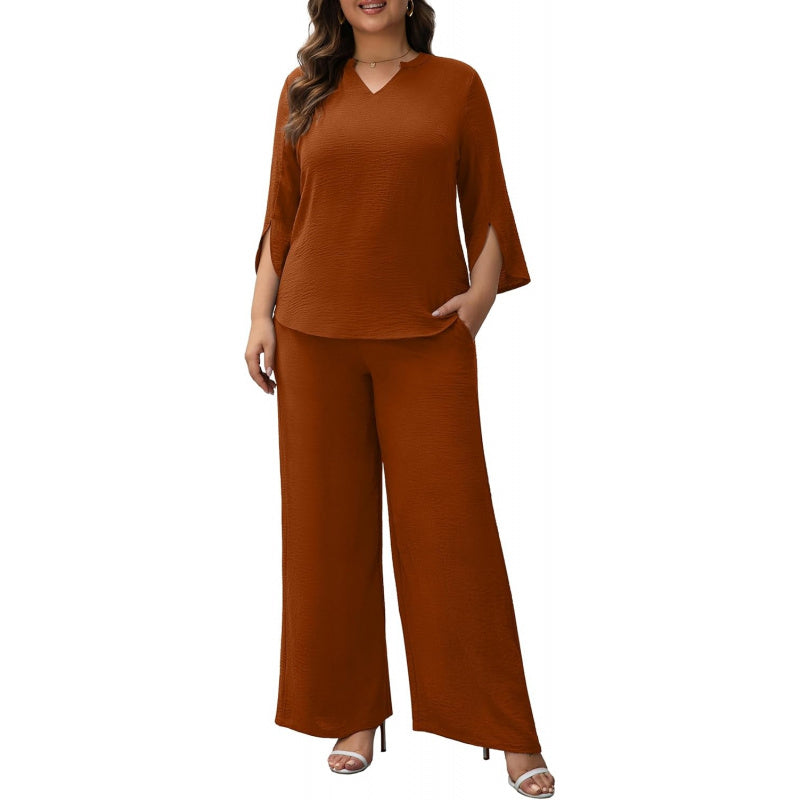 Pants Suits for Women Dressy Plus Size 2 Piece Sets 3/4 Sleeve Blouse Wide Leg Pant for Business Casual & Daily Wear