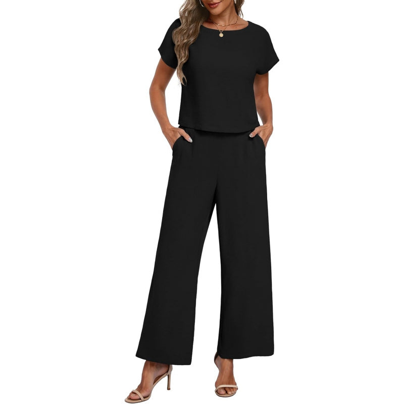 Lepunuo 2 Piece Sets for Women Summer Cap Sleeve Crop Top Wide Leg Pants Matching Lounge Set Vacation Beach Travel Outfits