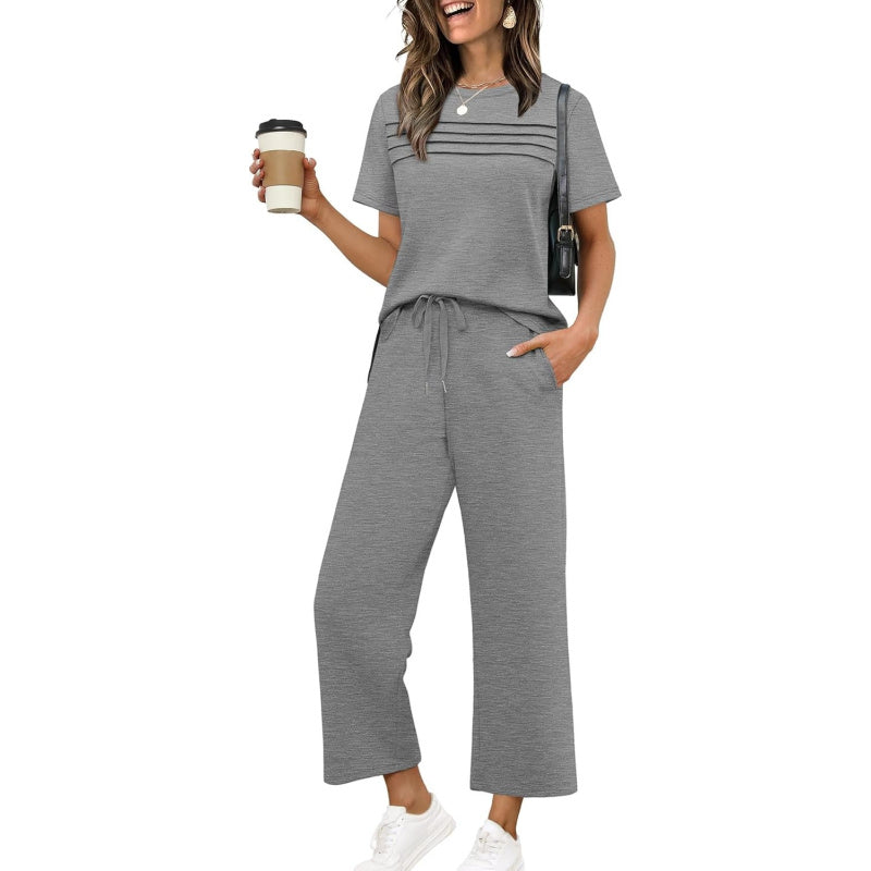 WIHOLL Two Piece Sets for Women Summer Spring Travel Vacation Outfits Short Sleeve Lounge Sets Side Slit Wide Leg Pants S-3XL