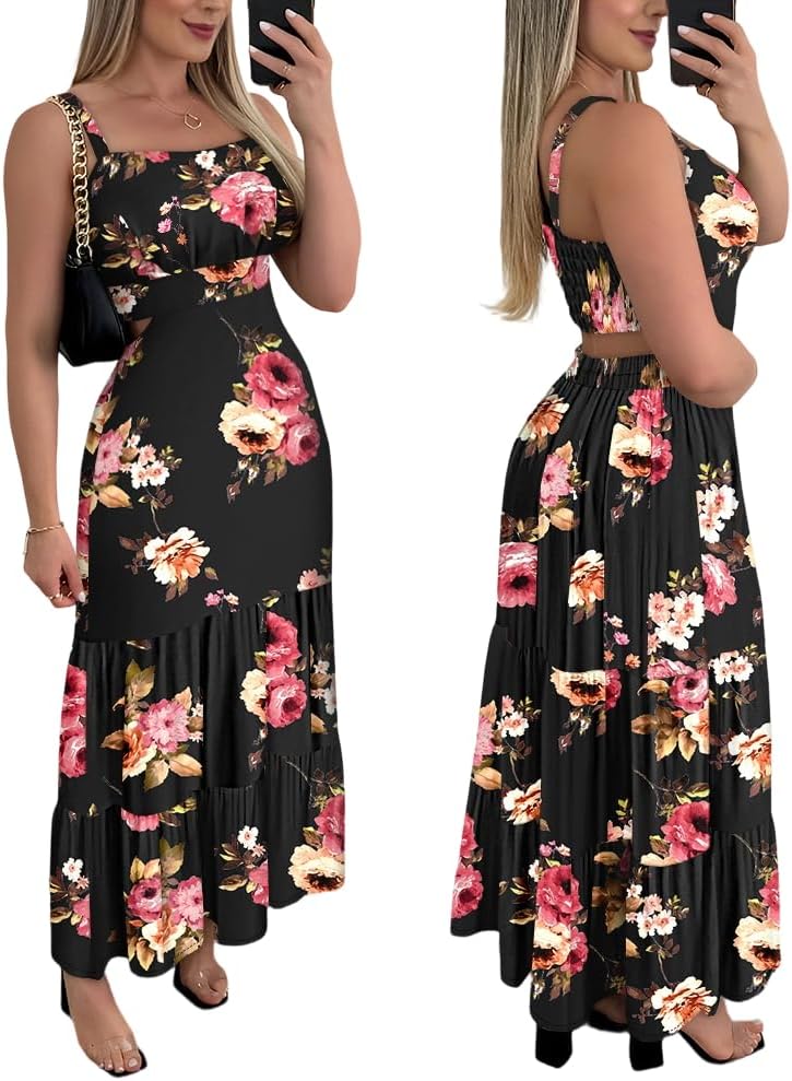CHICME Summer Dresses for Women 2026 Sleeveless Casual Boho Maxi Dress Square Neck Cut Out Floral A Line Dress