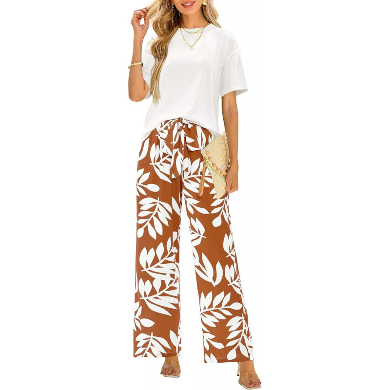 PRETTYGARDEN Women Summer 2 Piece Outfits 2026 Short Sleeve Knit Top Floral Print Belted Wide Leg Pant Sets With Pockets