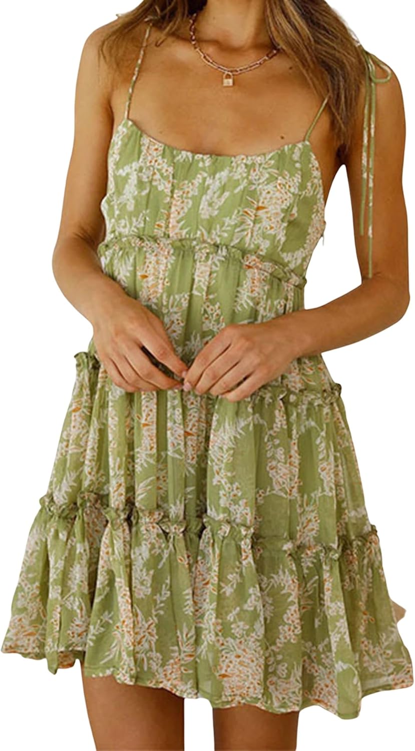Mansy Womens 2026 Summer Floral Mini Dress Boho Flowy Skater Dresses Short Sleeveless Ruffle Spaghetti Strap Dress