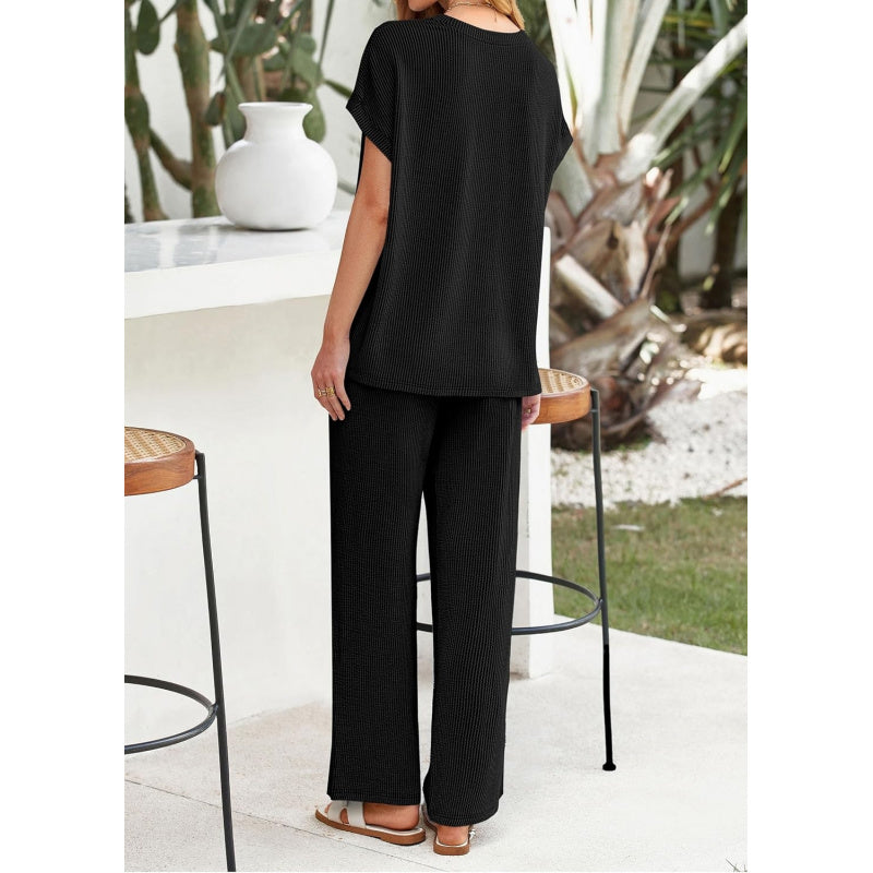 KIRUNDO 2 Piece Sets for Women Dressy Casual Ribbed Knit Short Sleeve Tops Wide Leg Pants Lounge Set Travel Airport Outfits
