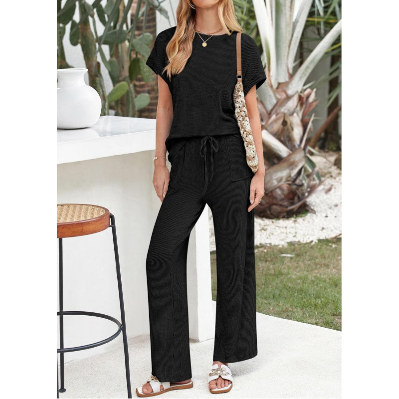 KIRUNDO 2 Piece Sets for Women Dressy Casual Ribbed Knit Short Sleeve Tops Wide Leg Pants Lounge Set Travel Airport Outfits