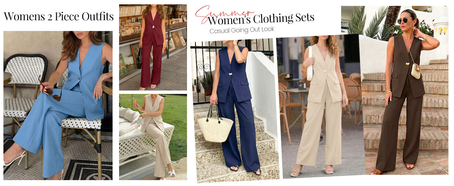 KIRUNDO Pant Suits for Women Dressy 2 Piece Business Casual Outfits Summer Sleeveless Blazer Vest Wide Leg Pantsuit Sets