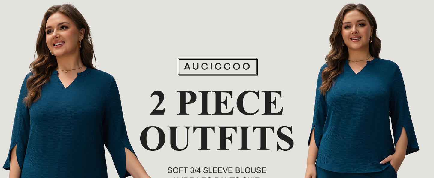 Pants Suits for Women Dressy Plus Size 2 Piece Sets 3/4 Sleeve Blouse Wide Leg Pant for Business Casual & Daily Wear