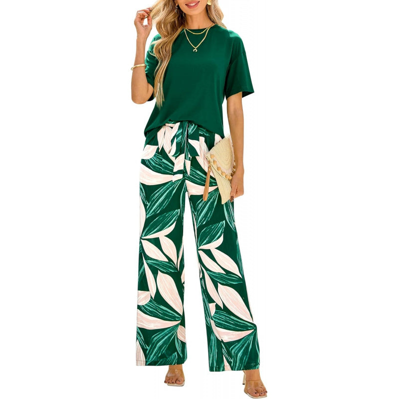 PRETTYGARDEN Women Summer 2 Piece Outfits 2026 Short Sleeve Knit Top Floral Print Belted Wide Leg Pant Sets With Pockets