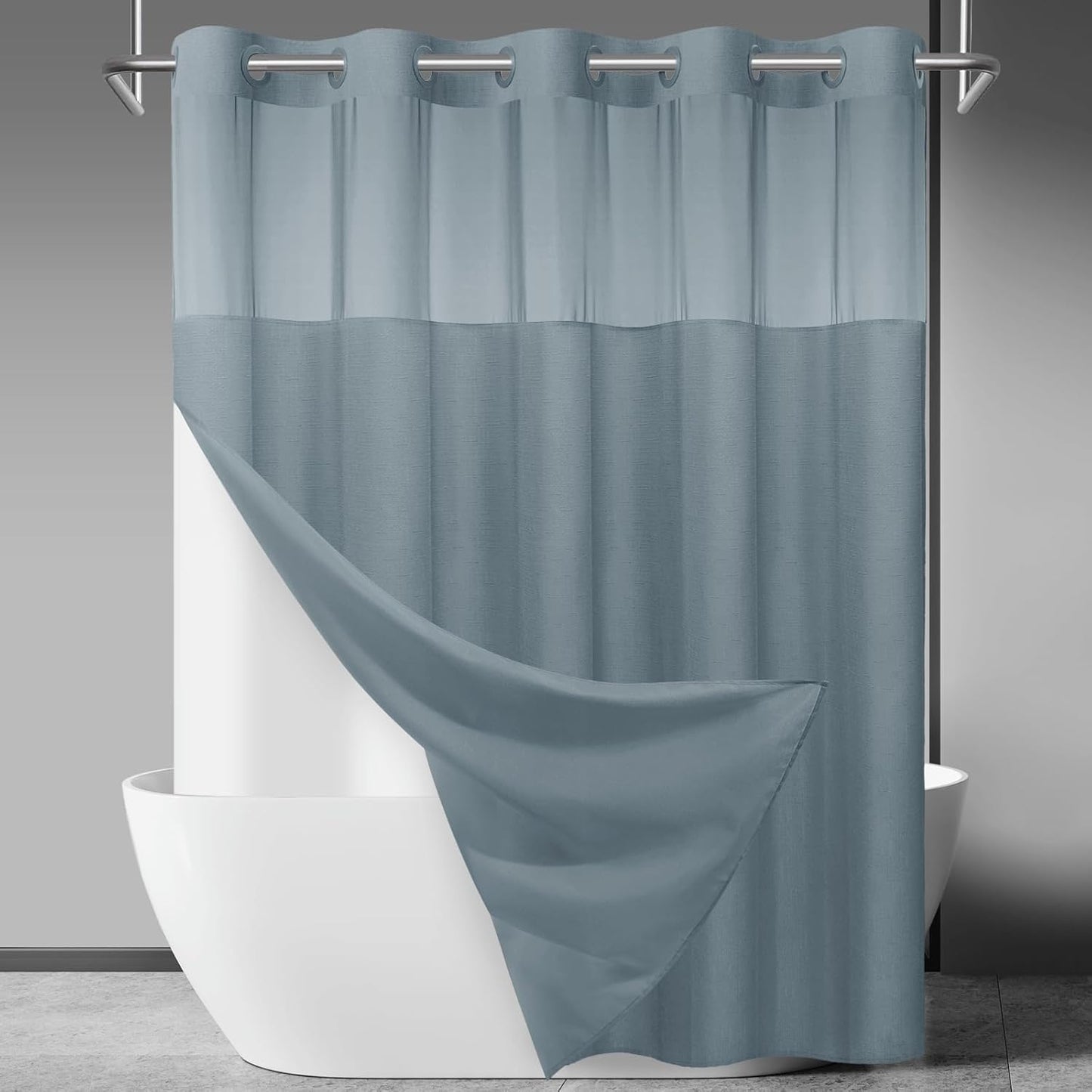 No Hook Slub Textured Shower Curtain with Snap in Liner - Black Fabric Outer Curtain & Waterproof Inner Liner, Hotel Style with See Through Top Window, 71x74 in
