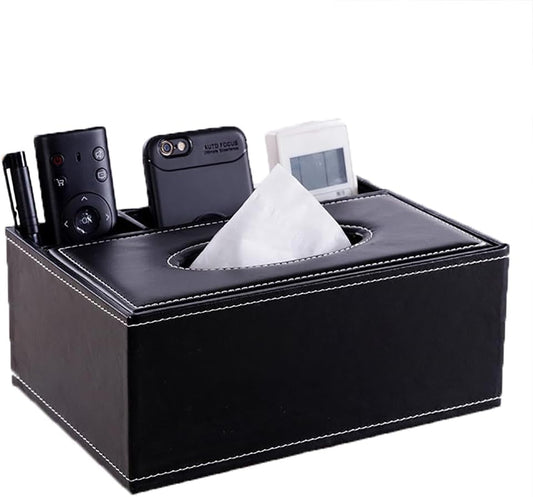 PU Leather Tissue Box Cover - Multifunctional Tissue Box Holder with Stationery Remote Control Box - Elegant and Stylish Home Napkin Holder Desktop Tissue Paper Holder Desk Storage Organizer (Black)