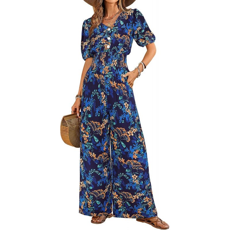 LOOKBOHO Womens Jumpsuits Short Sleeve V Neck Dressy Casual Wide Leg Pants Romper 2026 Summer One Piece Outfits