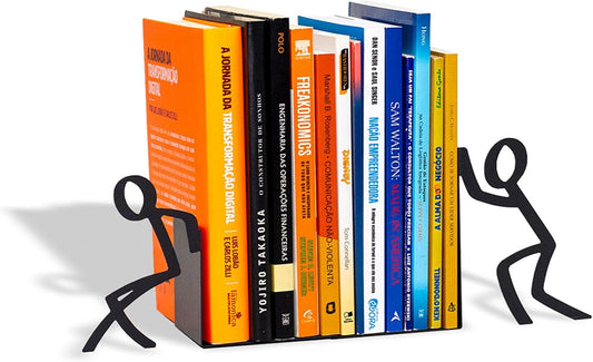 Figurine Bookends with Book-Holding Characters - Steel with Epoxy Coating - Decorative Pair of Book Holders for Shelves, Desk, and Office - Black – Geguton