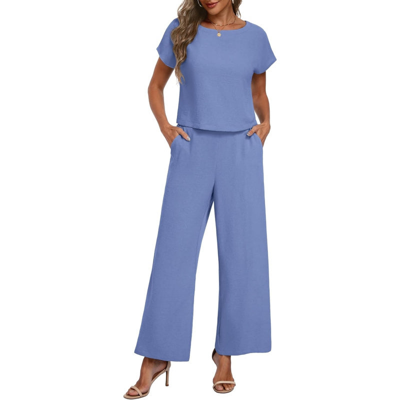 Lepunuo 2 Piece Sets for Women Summer Cap Sleeve Crop Top Wide Leg Pants Matching Lounge Set Vacation Beach Travel Outfits