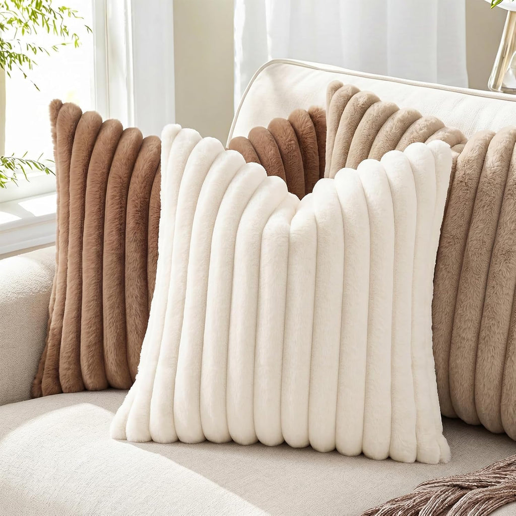 Pallene Faux Fur Plush Throw Pillow Covers 18x18 Set of 2, Luxury Soft Fluffy Striped Decorative Pillow Covers for Sofa, Couch, Living Room, Cream White