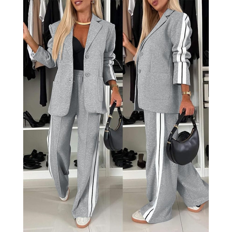 CHICME Womens Two Piece Outfits Striped Side Button Blazer and Pants with Pockets Sets Business Casual Pant Suits Set