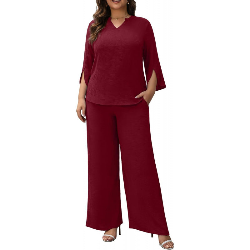 Pants Suits for Women Dressy Plus Size 2 Piece Sets 3/4 Sleeve Blouse Wide Leg Pant for Business Casual & Daily Wear