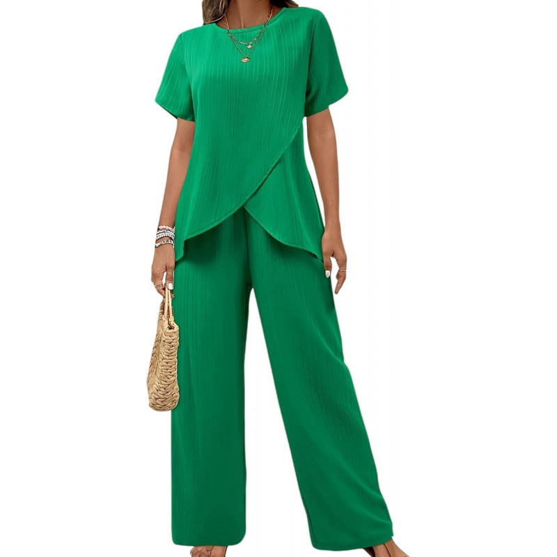 Pants Suits for Women Dressy Casual Summer Outfits 2026 Short Sleeve Ruffle Layered Tops Wide Leg Pants Matching Set